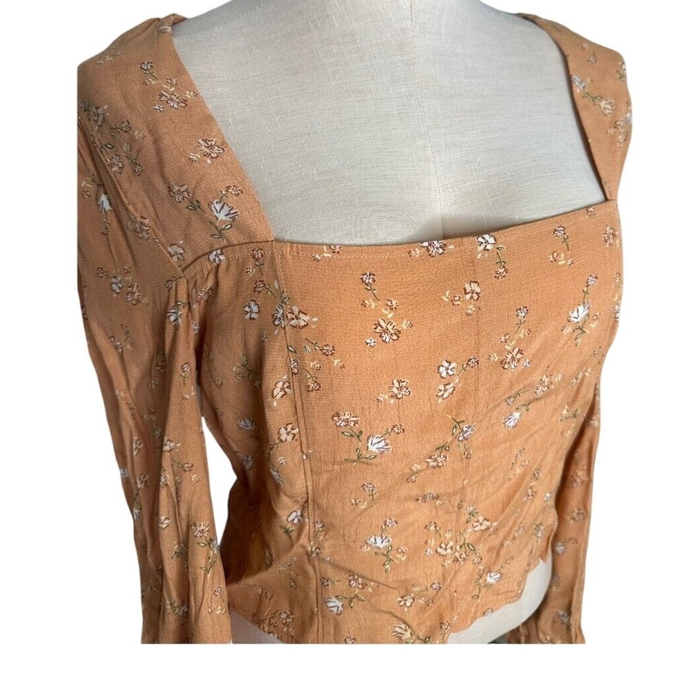 Womens Floral Square Neck Corset‎ Style Blouse Smocked Back Terracotta Orange - Picture 2 of 3